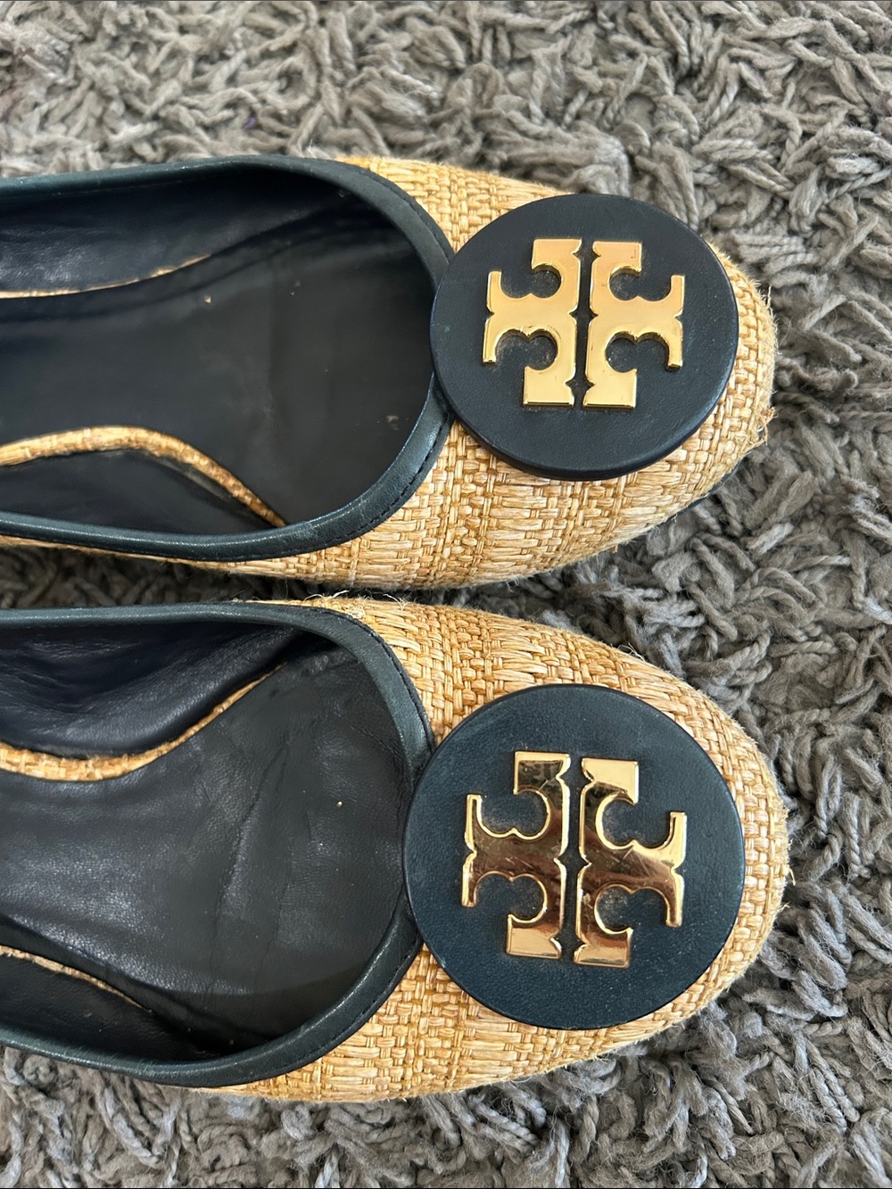 Tory Burch Reva Raffia Ballet Flats Tan with Black Trim & Gold Logo Size 9 - Picture 11 of 11